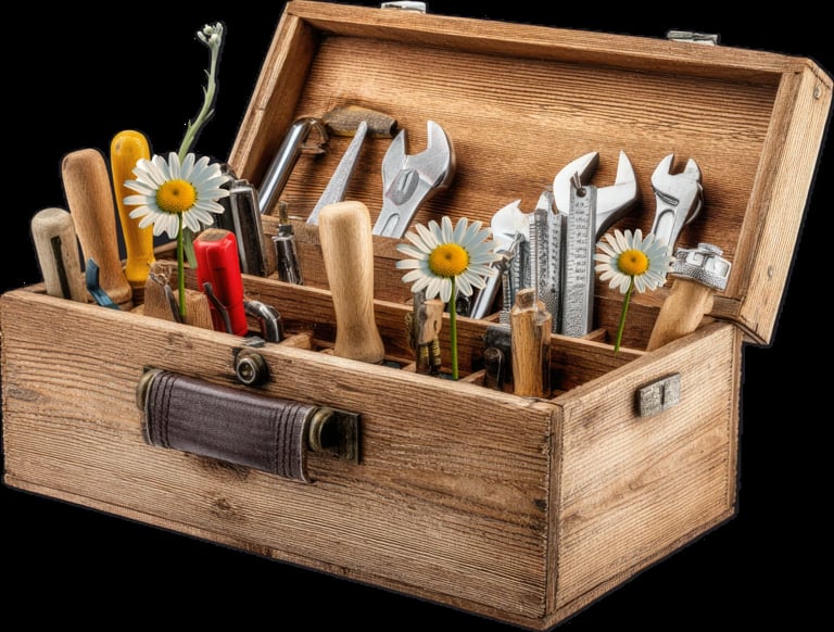 Open wooden toolbox filled with various hand tools, wrenches, hammers, and daisy flowers on black background