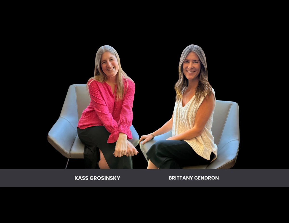 Two women sitting in blue chairs against a black background, labeled Kass Grosinsky and Brittany Gendron